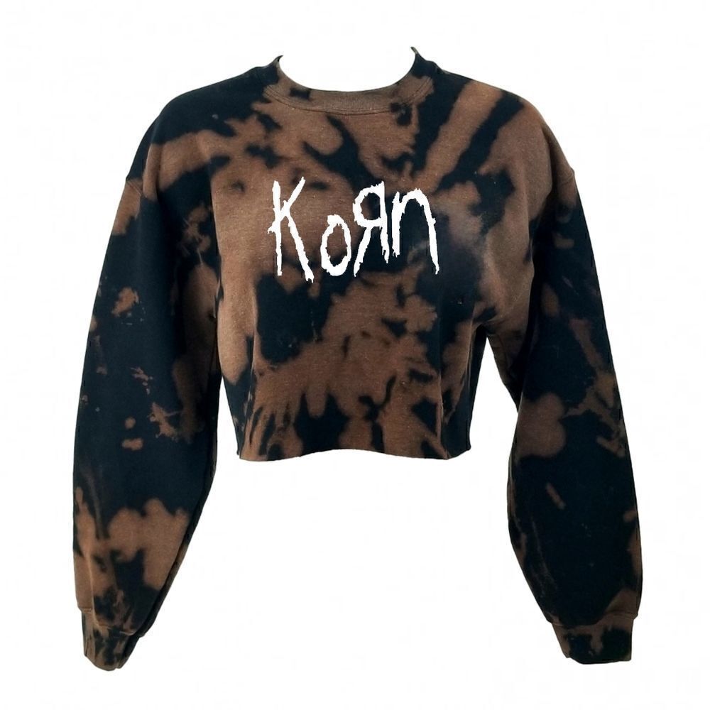 KORN Acid Wash Distressed "Cropped" Crop Top Long Sleeve Crewneck Sweatshirt y2k